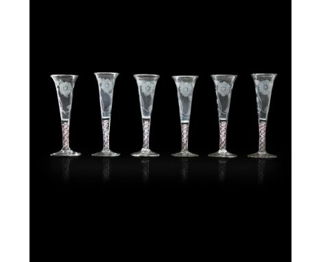 IMPORTANT SET OF SIX JACOBITE ENGRAVED COLOURED ENAMEL TWIST WINE GLASSES  MID-18TH CENTURY   the drawn trumpet bowls finely 