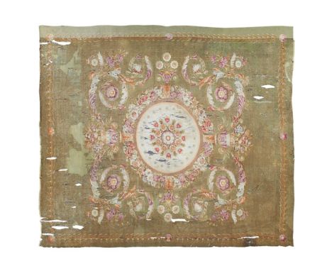 AUBUSSON CARPET  FRANCE, EARLY 19TH CENTURY   the olive green field with central cream medallion surrounded by foliate scroll