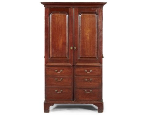 GEORGIAN MAHOGANY CUPBOARD  18TH CENTURY AND LATER   the moulded cornice above a pair of moulded panel doors with false drawe