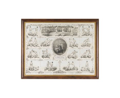 VICTORIAN LITHOGRAPH OF THOMAS SAYERS, OF BOXING INTEREST  19TH CENTURY   with a central oval image of 'Mr Thomas Sayers' wit