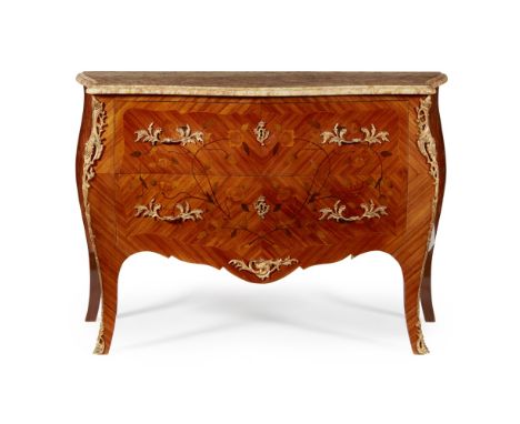 LOUIS XV STYLE KINGWOOD AND MARQUETRY MARBLE TOP COMMODE  20TH CENTURY   the serpentine mottled beige marble top with a mould