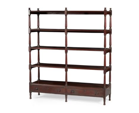 EARLY VICTORIAN MAHOGANY DOUBLE WHATNOT  19TH CENTURY   with five rectangular tiers raised and divided by ring turned support