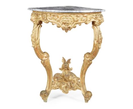 PAIR OF GILTWOOD CORNER CONSOLE TABLES  19TH CENTURY   the curved veined white marble top with a moulded edge, above an acant