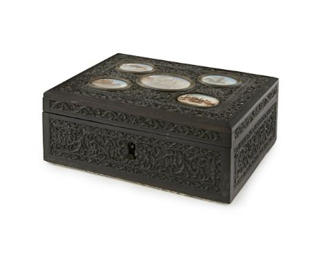 INDIAN SCHOOL INSET CARVED HARDWOOD BOX  LATE 19TH/ EARLY 20TH CENTURY   of rectangular form, the hinged lid fitted with five