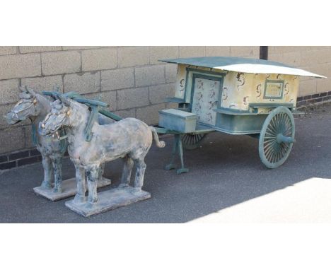 A modern realistic free standing Chinese Emperor of the Terracotta Army carriage, approx. 1/3 scale, led by two horses, the p