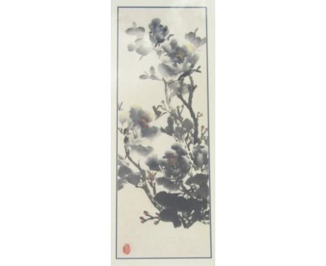 Chinese Qing School.  Entwined branches picked out in colours, watercolour, orange seal mark, 91cm x 33cm.