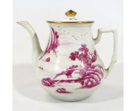 A Japanese teapot, the bulbous body decorated with scenery in purple, with a compressed domed lid in black, on a circular foo