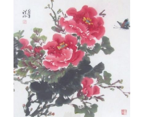 Chinese School. Butterflies and flowers, watercolour, signed with seal mark, 72cm x 72cm.