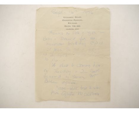 Dame Agatha Christie, Lady Mallowan (1890-1976), autograph letter signed, to Donald and Betty, children of Mrs Lily Belson, h