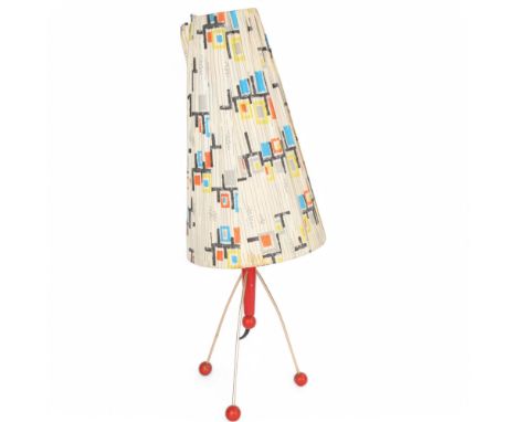 A 1950s/60s' red atom style table or bedside lamp, with original period lampshade, heightSome damage to shade, new wiring, un