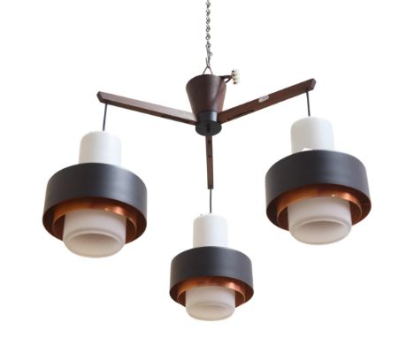 Fog and Morup, Denmark, a three branch chandelier, teak branches with frosted glass, black steel and copper shades, dia appro