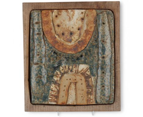 A mid 20th century Brutalist ceramic wall plaque mounted on teak board, no makers mark, 24 x 21.5cmPlaque has several cracks,