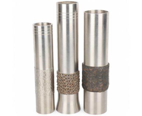 Three mid 20th century Brutalist engine turned steel vases, no makers marks, tallest 25.5cmGood condition, some light surface