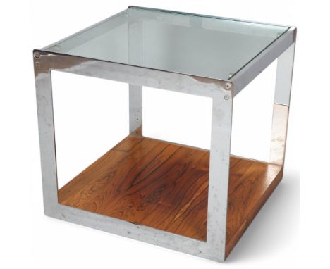 RICHARD YOUNG for Merrow Associates, a 1970 design side table on casters, with polished steel frame, glass top and rosewood s