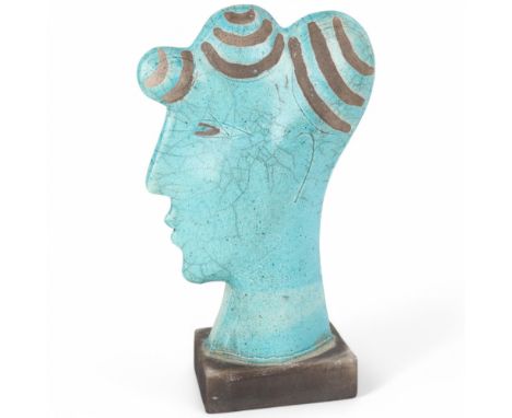 KATE REYNOLDS (b1961), British, a studio ceramic bust, raku fired with turquoise glaze, incised monogram to base, height 35cm