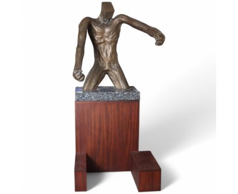A large modernist bronze sculpture of a male torso, on iridescent granite base with hand built mahogany plinth, indistinctly 