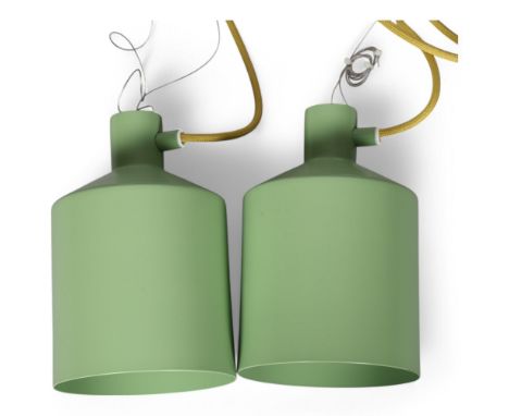 Zero Lighting, a pair of "Silo"  green coated aluminium pendant light fittings, white rubber ceiling rose, shade height 23cm,