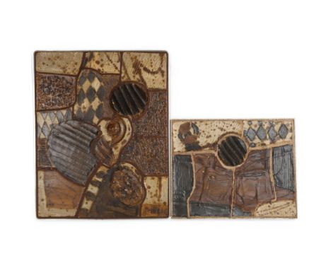 2 1970s' Brutalist ceramic wall panels, signed "Trille '77" and "Trille 80", on chipborad backing in aluminium frames, larges