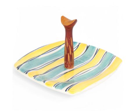 Tasca, Italy, a mid century ceramic serving dish with carved wood handle, makers mark to base numbered 149, 20 x 20 cmSome cr