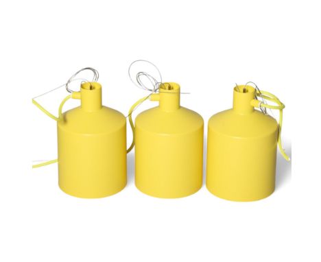 Zero Lighting, three "Silo" yellow coated aluminium pendant light fittings, white rubber ceiling rose, shade height 23cm, dia