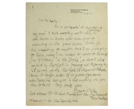 *Opera. A group of autograph ephemera relating to operatic conductors,  including 2 autograph letters signed from Bruno Walte