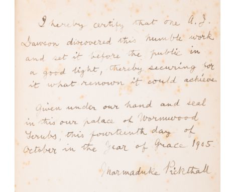 Pickthall (Marmaduke) Saïd the Fisherman, first edition, signed presentation inscription from the author "I hereby certify th