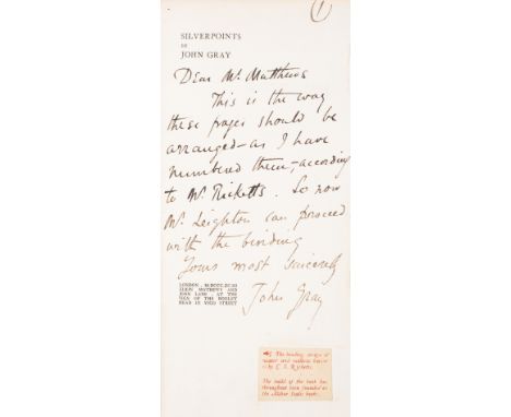 Gray (John) Silverpoints, one of 250 copies on Van Gelder paper, Autograph Note signed from the author to Elkin Mathews on a 