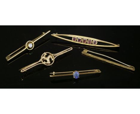 A collection of five gold bar brooches or tiepins, to include a black opal example, with an oval cabochon black opal, four cl