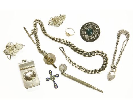 A collection of silver jewellery, to include a silver Ruskin style green cabochon brooch with later pin, a silver Albert chai