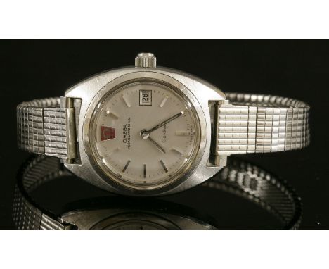 A ladies' stainless steel Omega megaquartz 32 KHz Geneve strap watch, c1920,on a later after market stainless steel bracelet,