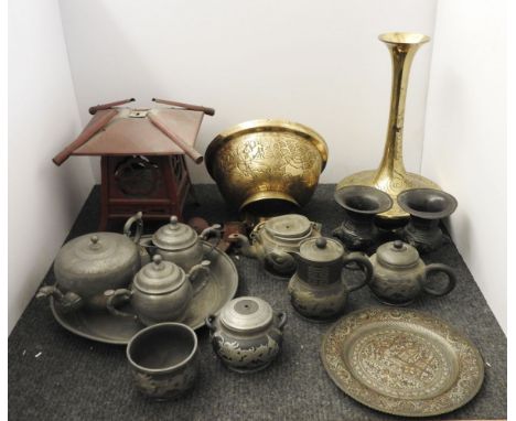 A gilt metal vase, with a slender tapering neck, together with a similar gilt metal bowl, a pewter teaset, toleware lantern, 