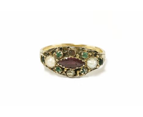 A Victorian 15ct gold marquise cut amethyst, emerald and split pearl cluster ring (two split pearls deficient) dated Birmingh