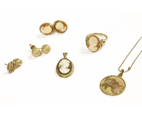 A collection of gold jewellery, to include a pair of 9ct gold cameo earrings, a gold cameo ring with bow shoulders, marked 9c