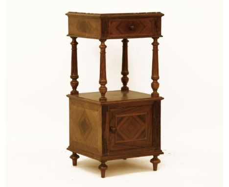 A late 19th century Continental kingwood pot cupboard, the rouge marble top above a frieze drawer shelf and cupboard, 40 x 40