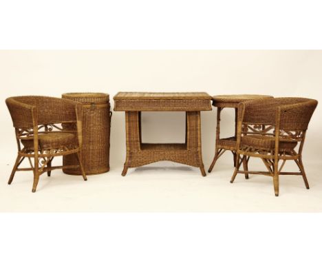 A suite of wicker furniture, including two pairs of chairs, two linen baskets, a settee, 118cm wide, a console table, 92cm wi