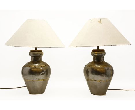 A pair of table lamps, together with a pair of aluminium framed lamp tables, 69.5cm high