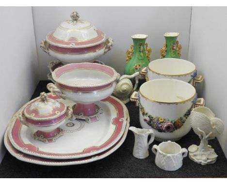 Ceramics, comprising: a pair of green and painted flower vases, a pair of flower encrusted cache pots, three Royal Worcester 