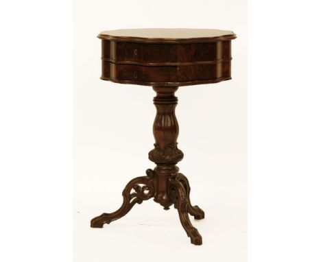 A 19th century Continental burr walnut shaped circular sewing table, on tripod column. 54 x 47 x 77cm high