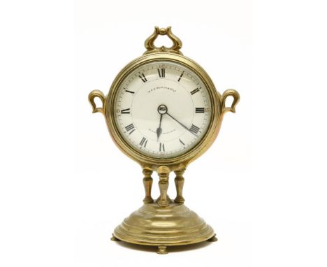 A W.A.S. Benson brass mantel clock, with French drum movement, 25.5cm high