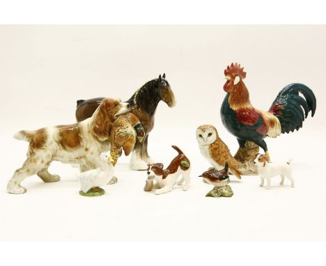 A collection of Beswick animals to include, a large Beswick 'Leghorn' cockerel, No.1892, a large horse, an owl no.2026, Jemim