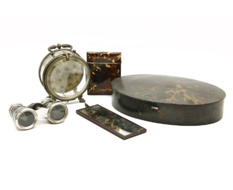 An opal tortoiseshell vanity box, with silver hinge, by C.D. London, 25cm across, a tortoiseshell card case, a gilt metal sta