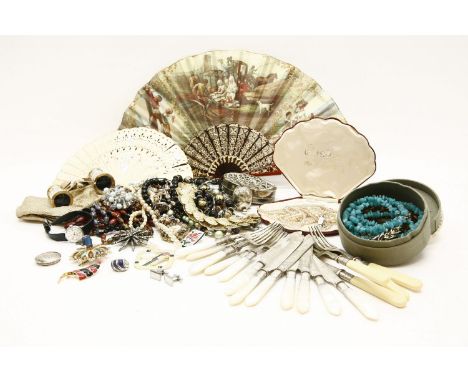 An assortment of collectables, to include mother of pearl handled cutlery, opera glasses, silver cruets, costume jewellery et