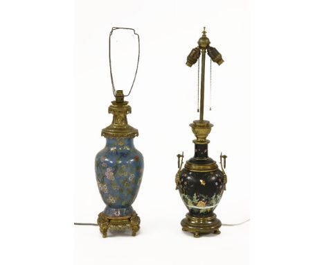 A French cloisonné and gilt mounted table lamp, in the Chinese style, with a latticework ground, raised on kylin supports, da