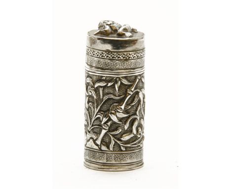 A Chinese cylindrical silver box, with detachable top and inner lid, embossed with a frog, foliage and a poem. Bears marks. 5