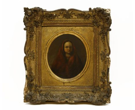English SchoolPORTRAIT OF A YOUNG GIRL IN A RED SHAWLOval oil on panel, gilt frame19 x 16cm
