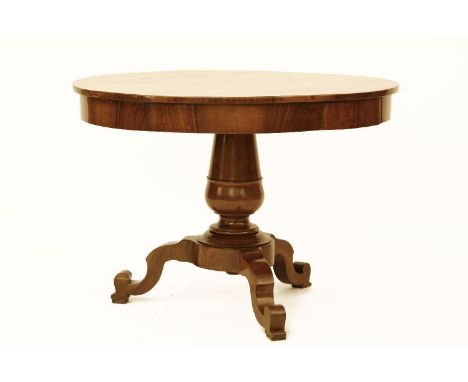 A 19th century Italian inlaid walnut breakfast table, the circular top above frieze drawers, on central column and tripod bas