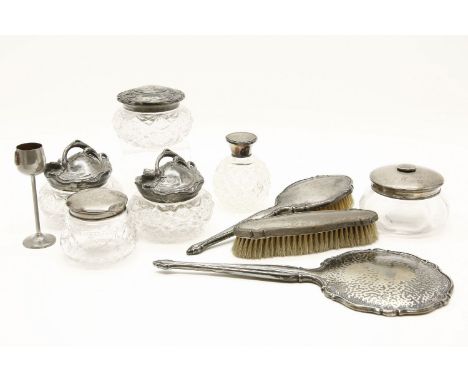 A three piece silver backed dressing table set, together with six various silver topped and other dressing table boxes