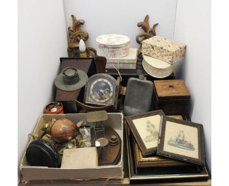 Sundries, oak candle box, pair of gilt wall lights, letter scales, pig string box, etc