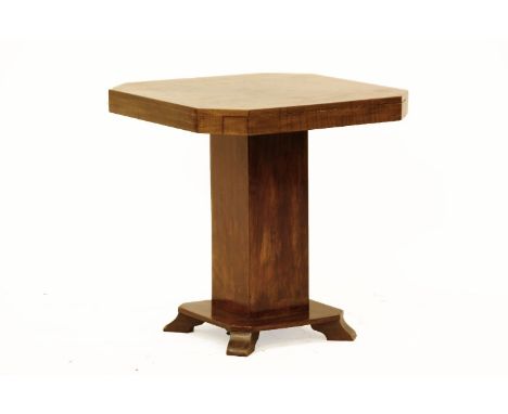 An Art Deco walnut lamp table, canted square top on pedestal base, 50 cm x 50 cm x 53 cm