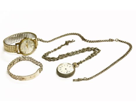 A collection of costume jewellery and miscellaneous items, to include a Continental fob watch, marked 0.935, an Albertine, a 